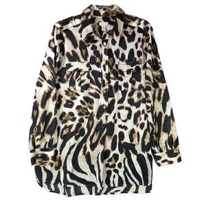 Chico's Women's Size 2 Button Down Shirt Blouse Cream Brown black